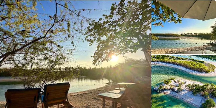 Balidbid Lagoon Bantayan Island, shallow crystal-clear water and sunbeds
