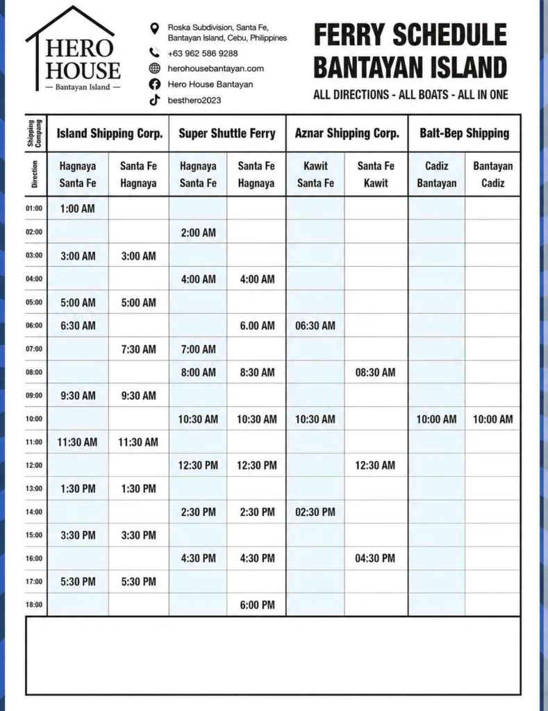 Collection of all ferry schedules from Hagnaya to Santa Fe and back.